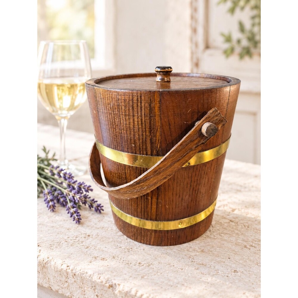 Vintage Wooden Ice Bucket Brass Bands MCM Barware 8” Tall